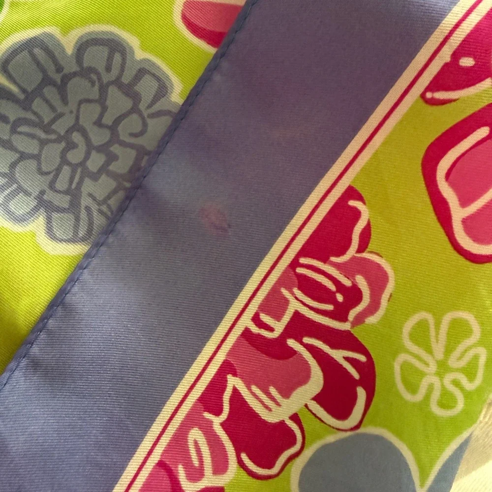Lilly Pulitzer Ford Warriors in Pink Silk Floral Scarf Pink‎ Green Blue Ribbon